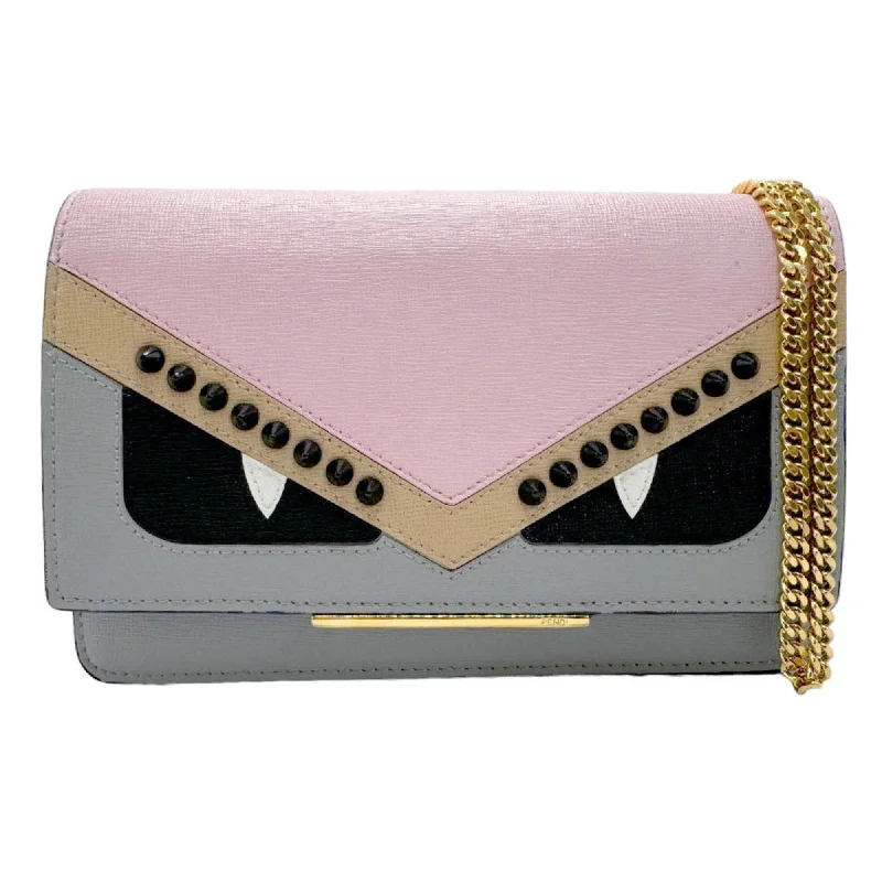 FENDI Chain Wallet Bag Bugs Monster Leather Pink x Grey Women's 8M0346 9HF n0206