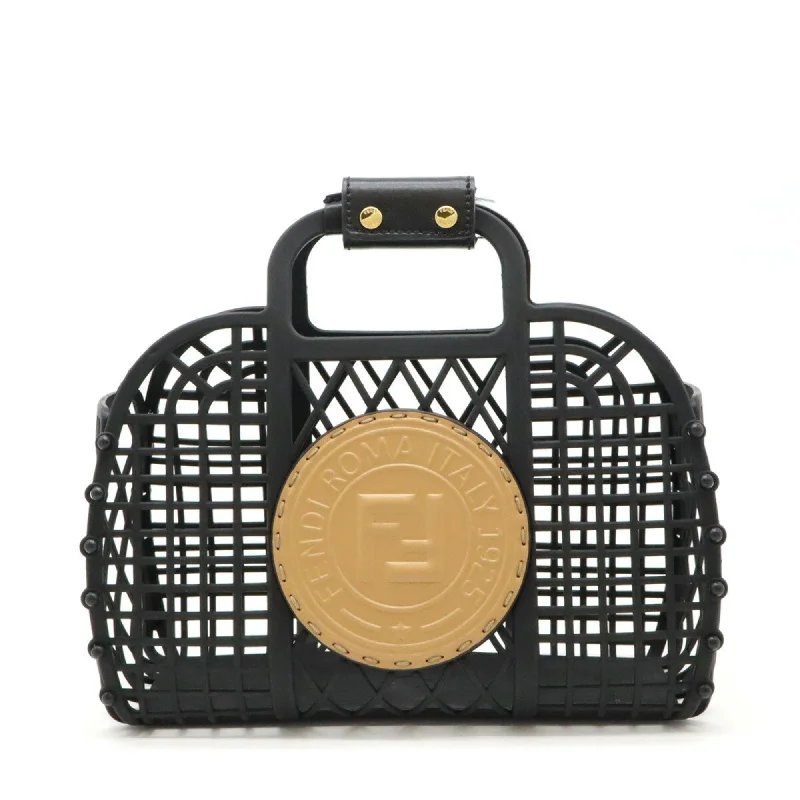 FENDI FF Basket Small Handbag Bag Plastic Leather Black Beige 8BH388