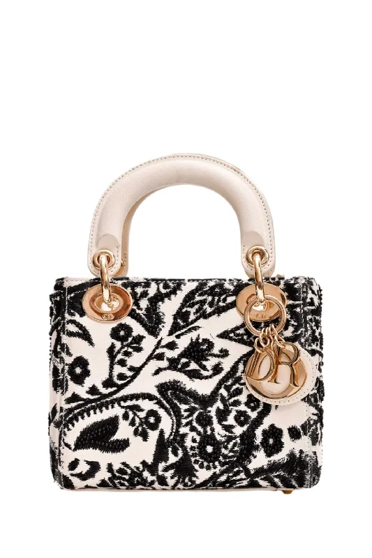 Christian Dior 2018 White/Black Leather Embellished Floral Print Lady Dior Bag With Strap (As is)