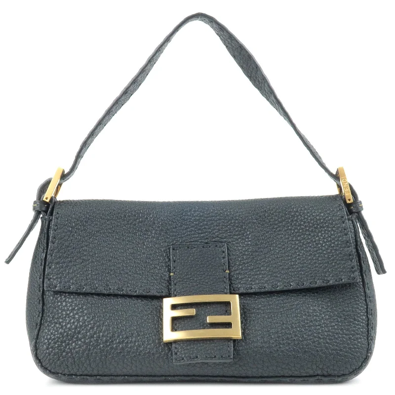 FENDI Selleria Mamma Baguette Leather Shoulder Bag Black 8BR101