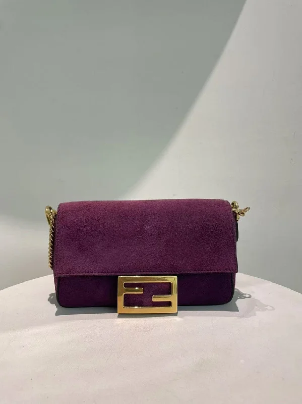 Fendi Mini Baguette Purple Suede Chain Shoulder Bag