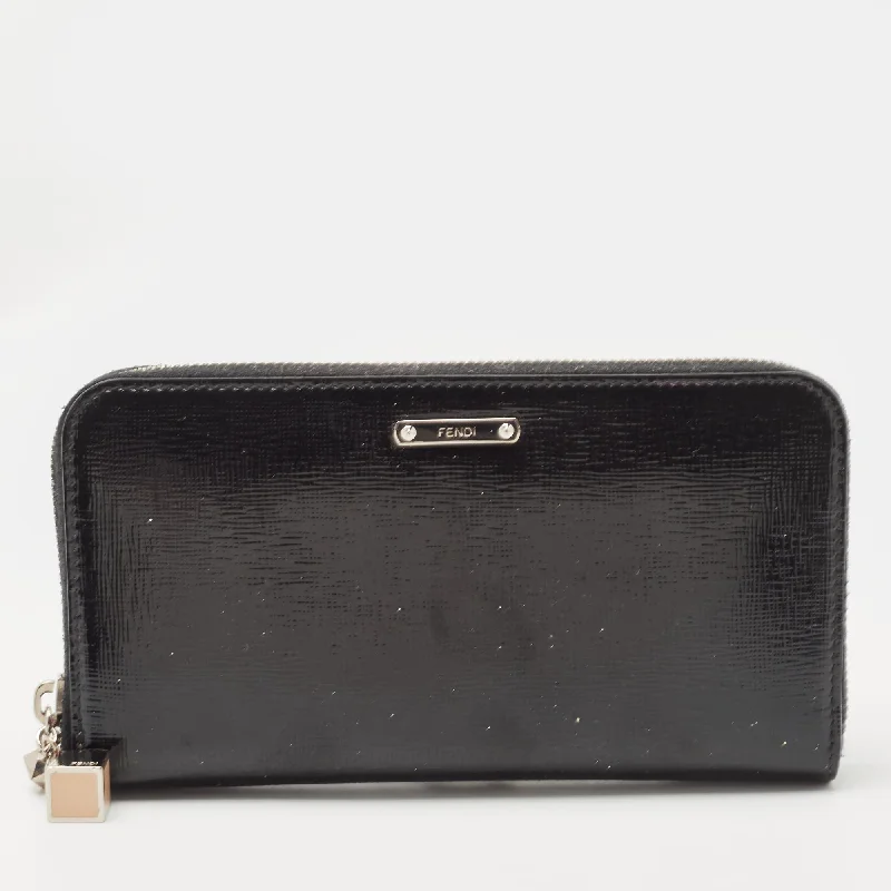 Fendi Black Patent Leather Zip Around Wallet