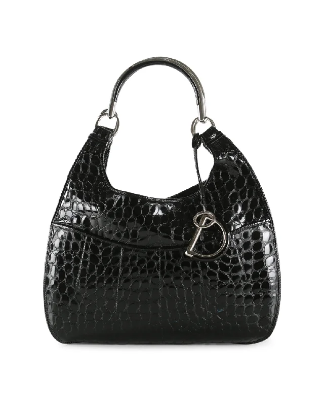 CHRISTIAN DIOR Black Crocodile Embossed Patent Leather 61 Large Shoulder Bag