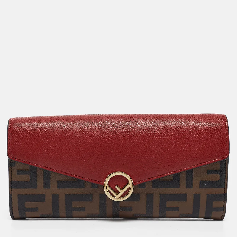 Fendi Red/brown Zucca Leather F Is Fendi Continental Wallet