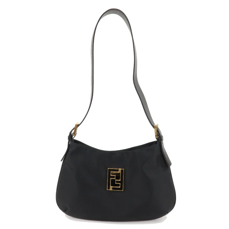 FENDI Logo Nylon Leather Shoulder Bag Black 15330