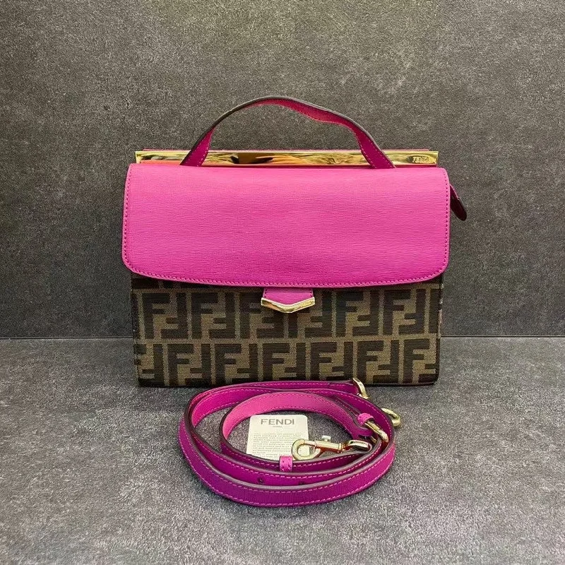 Fendi Mon Tresor Pink Brown Leather Canvas Shoulder Bag Medium