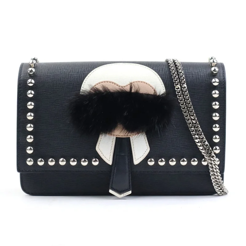 FENDI Wallet Chain Shoulder Bag Karl Lagerfeld Leather Fur Black White Silver Women's 8M0346-7MP e59557g