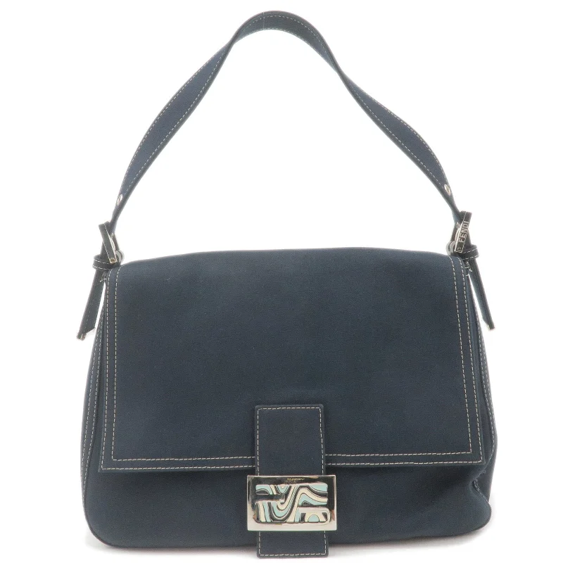 FENDI Mamma Baguette Canvas Leather Shoulder Bag Navy 26325