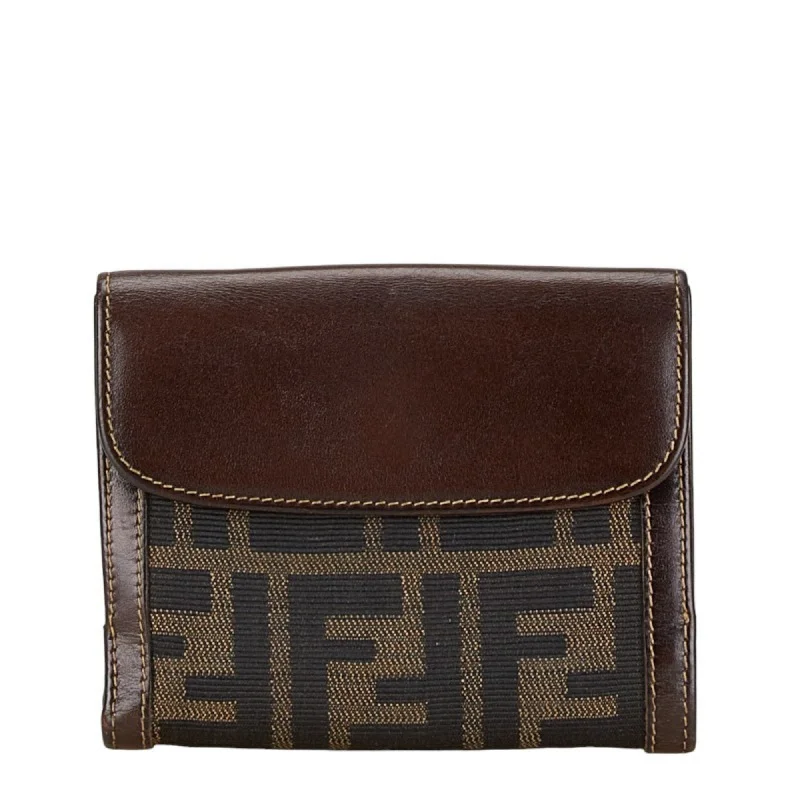 FENDI ZUCCA Compact Wallet Bi-fold Brown Canvas Leather Women's