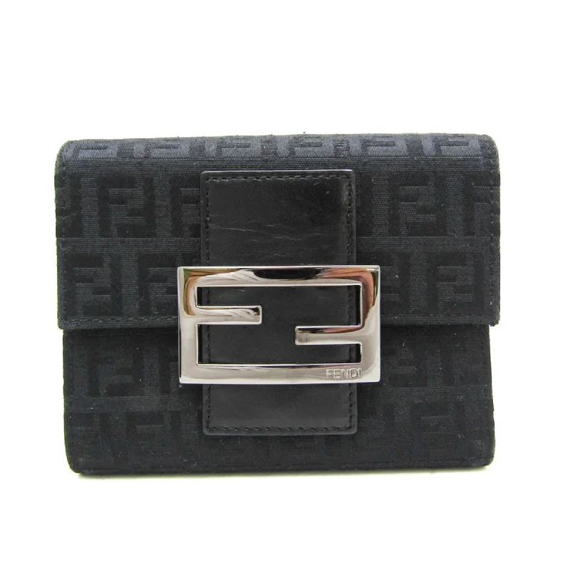 Fendi Zucchino 8M0023 Women's Canvas,Leather Wallet (tri-fold) Black