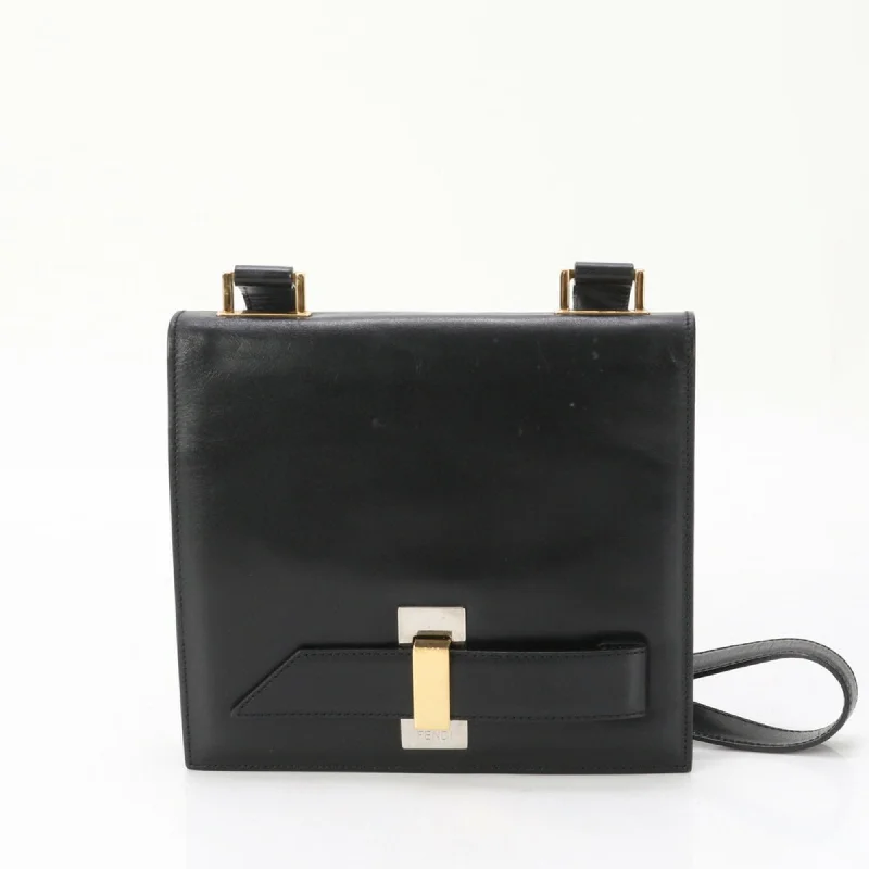 Fendi Square Gold Silver Leather Shoulder Bag Tote Handbag Black Women's