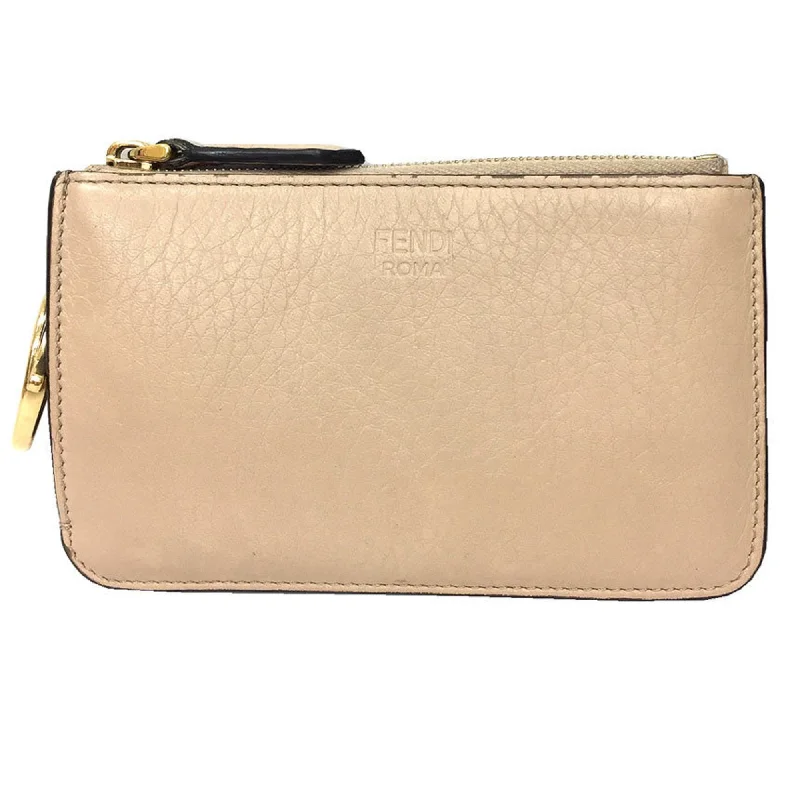 FENDI Fragment Case Coin Card Key 8AP161 Leather Beige Small Wallet aq10262