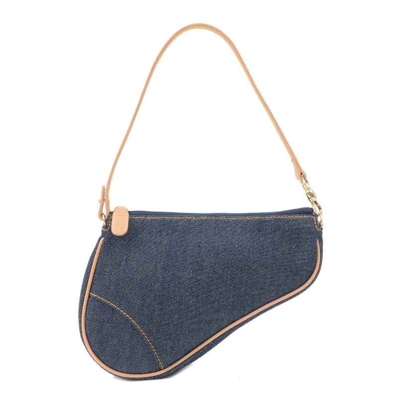 Christian Dior Saddle Bag Denim Leather Shoulder Bag Pouch Navy