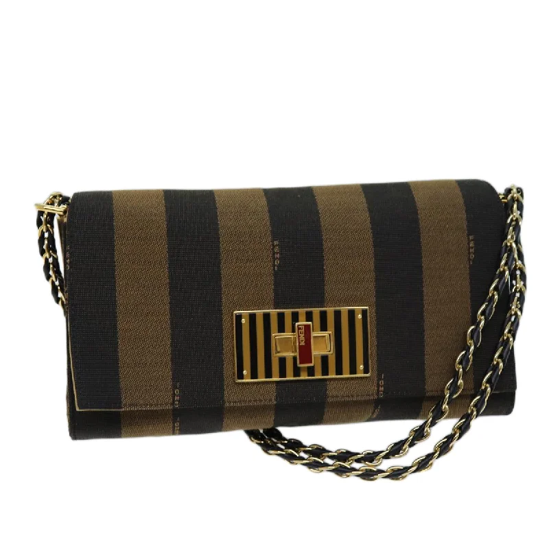 FENDI Pecan Canvas Chain Shoulder Bag Brown Black  73036