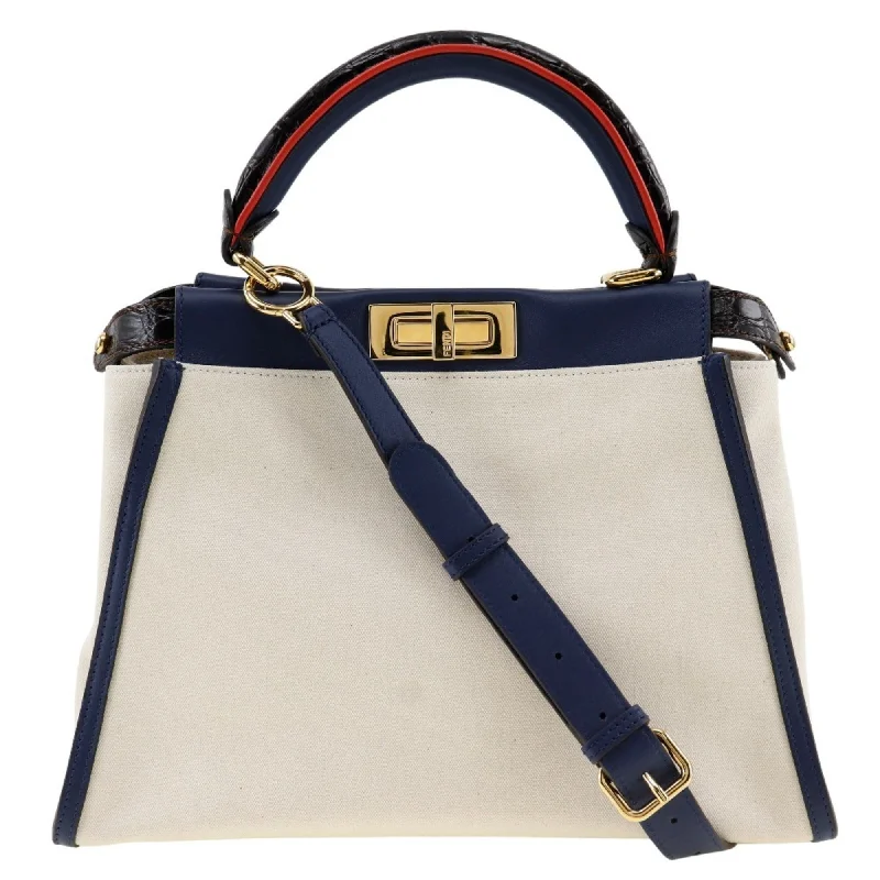 FENDI Peekaboo handbag shoulder bag 8BN290 canvas x calfskin white/navy 2way A5 turn lock women's