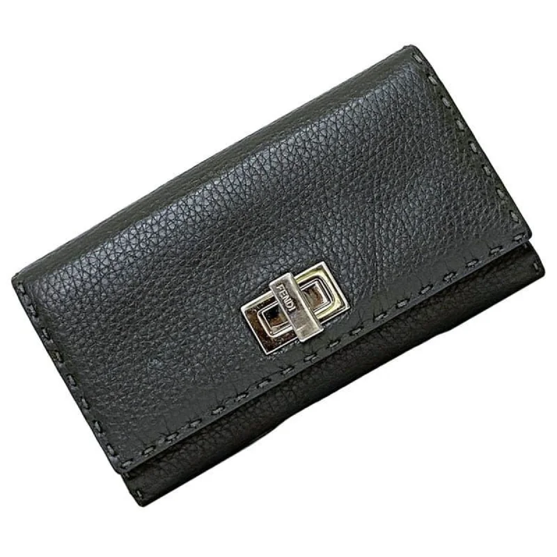 Fendi Bi-fold Long Wallet ec-21572 Grey Selleria Peekaboo 8M0308 Leather FENDI Folding Stitch Grain Turnlock Women's