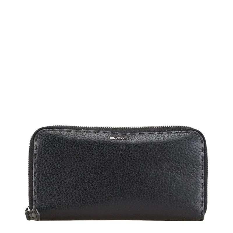 FENDI Selleria Long Wallet Round 7M0210 Black Leather Women's