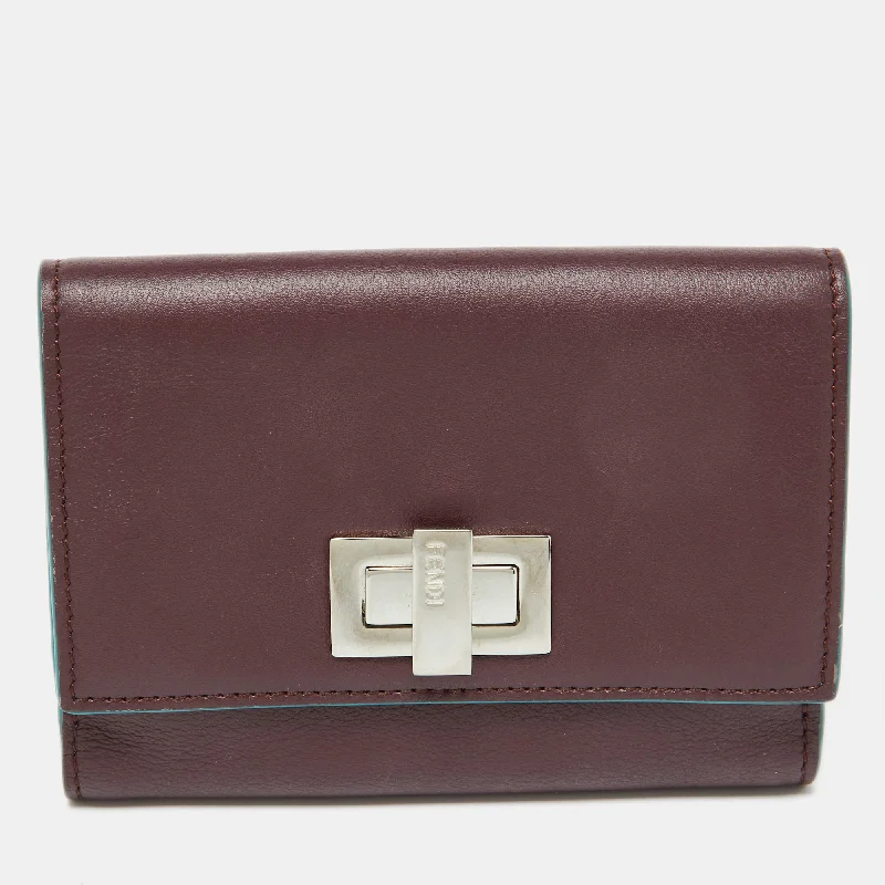 Fendi Burgundy Leather Peekaboo Trifold Wallet