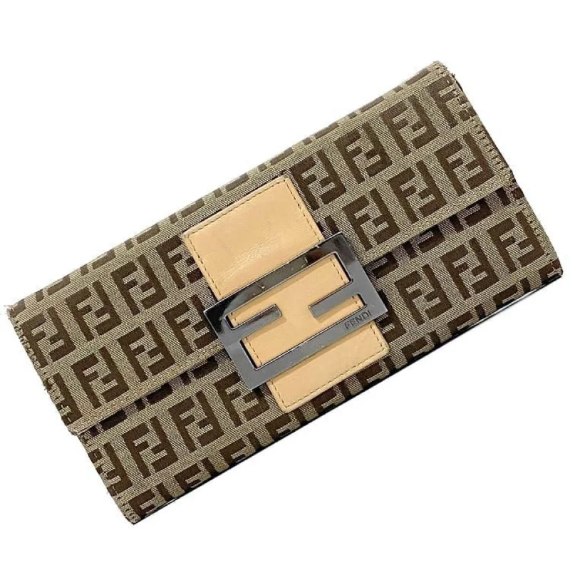 Fendi Bi-fold Long Wallet Khaki Beige Silver Zucchino 8M0021 Canvas Leather FENDI FF Flap