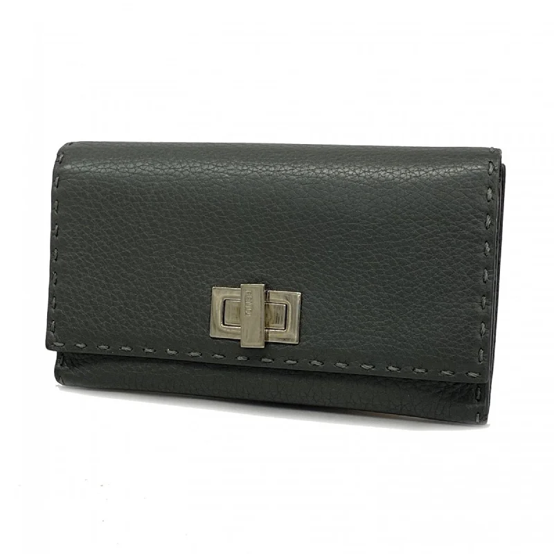 Fendi Long Wallet Selleria Leather Grey Women's