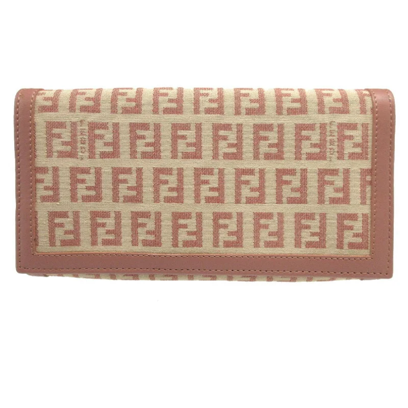 Fendi 8M0000 Zucchino Canvas Leather Beige Pink Bi-fold Long Wallet 0938 FENDI