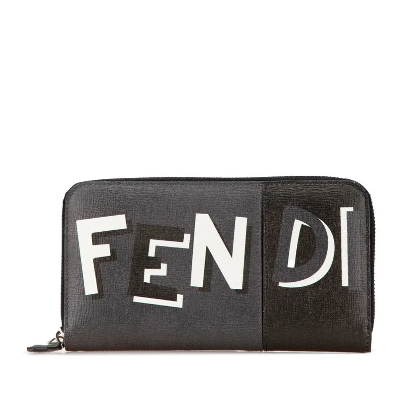 FENDI Long Wallet Round 7M0210 Grey Black White Leather Women's