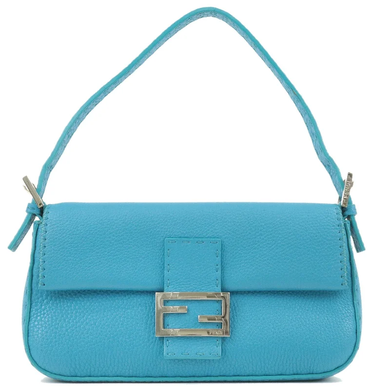 FENDI Selleria Mamma Baguette Leather Shoulder Bag Blue 8BR600