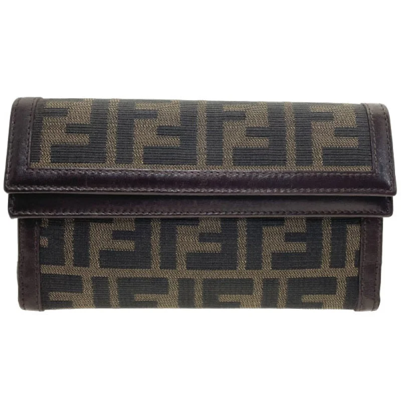 Fendi Zucca Tri-fold Long Wallet Canvas Leather Khaki Black Dark Brown 31078 FENDI FF W HH-13604