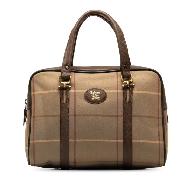 Burberry Check Handbag Khaki Brown Nylon Leather Women's BURBERRY