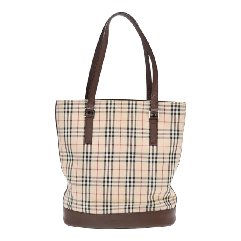 BURBERRY Nova Check Tote Bag Canvas Beige Brown Silver  87766